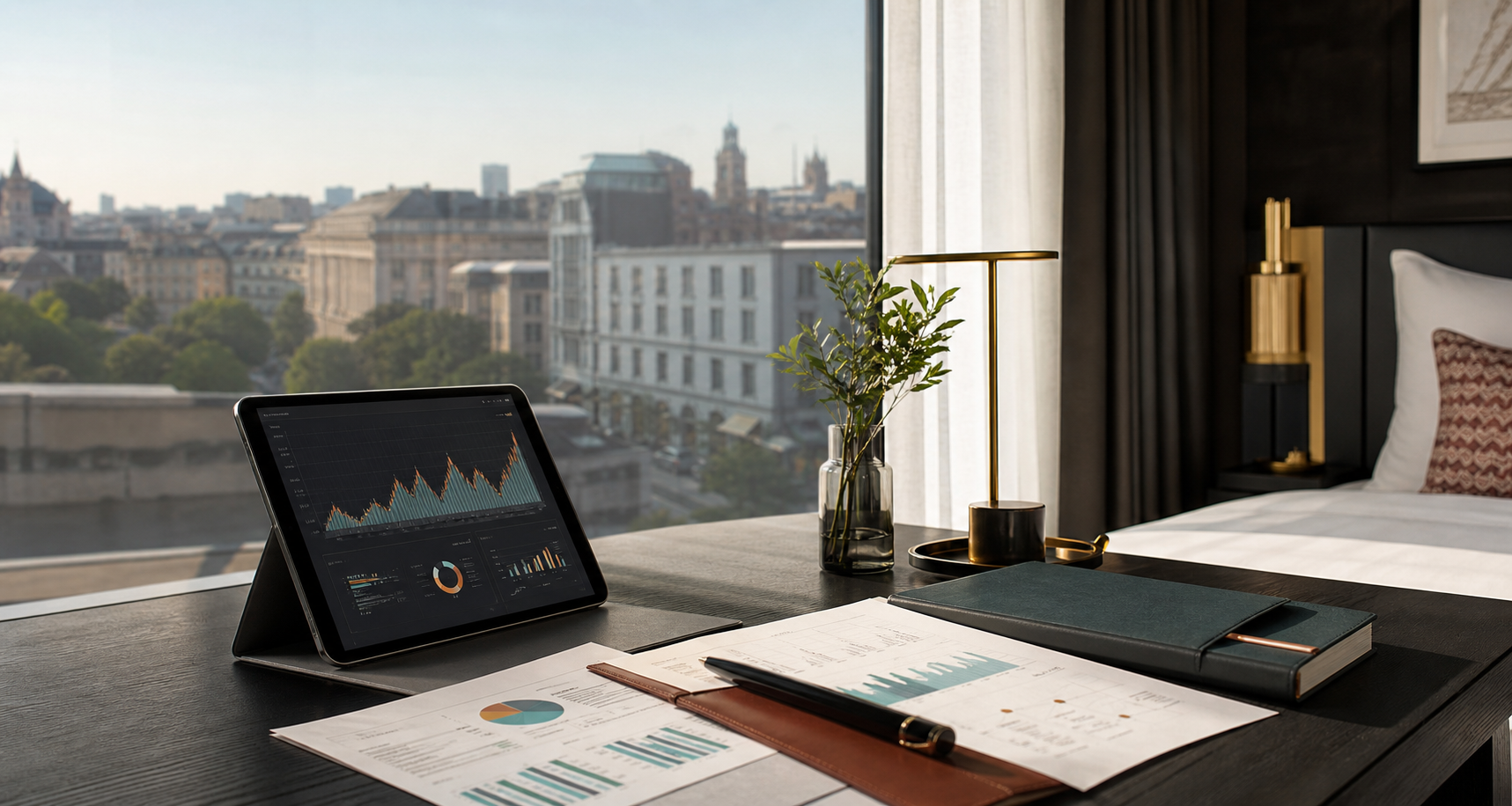 Hotel suite desk with market intelligence and performance planning