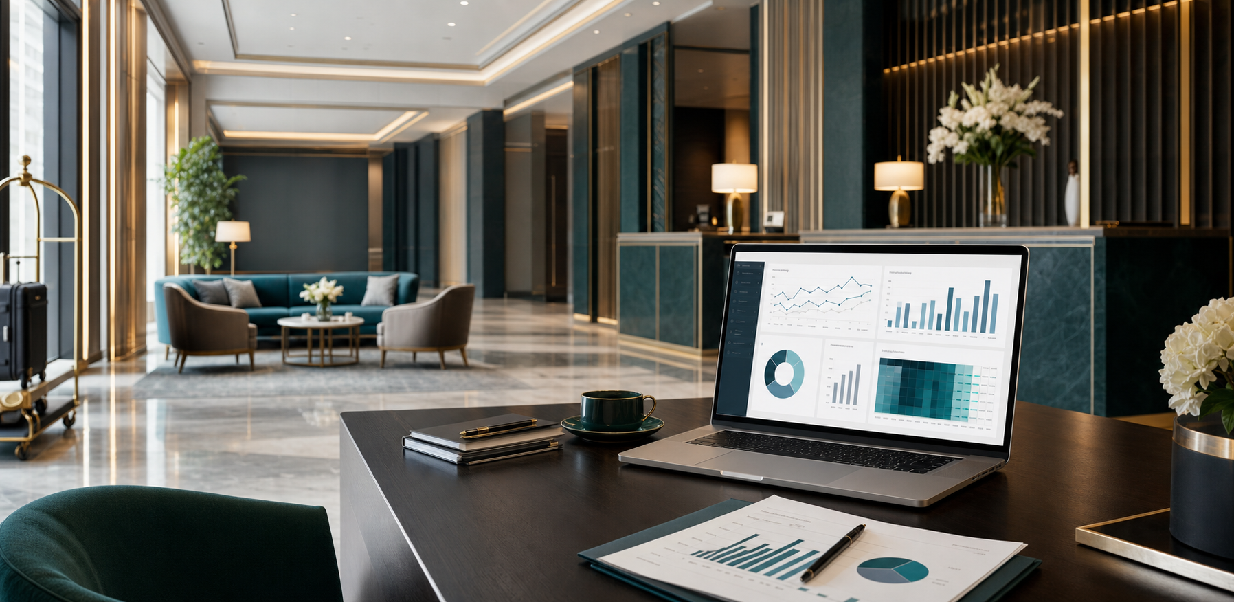 Hotel revenue analytics workspace in a refined lobby